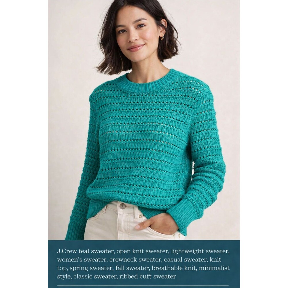 J.Crew Teal Open Knit Sweater Size Small Lightweight Cotton Blend Crewneck